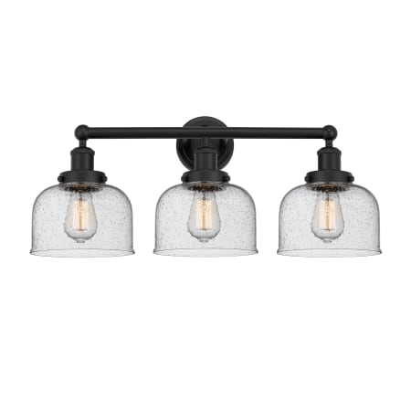 A large image of the Innovations Lighting 616-3W-10-25-L Bell Vanity Matte Black / Seedy