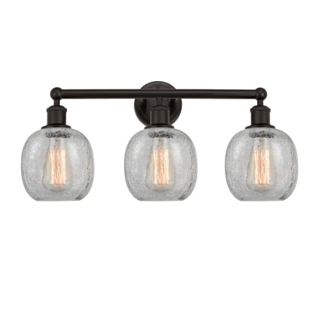 A large image of the Innovations Lighting 616-3W-12-24 Belfast Vanity Oil Rubbed Bronze / Clear Crackle