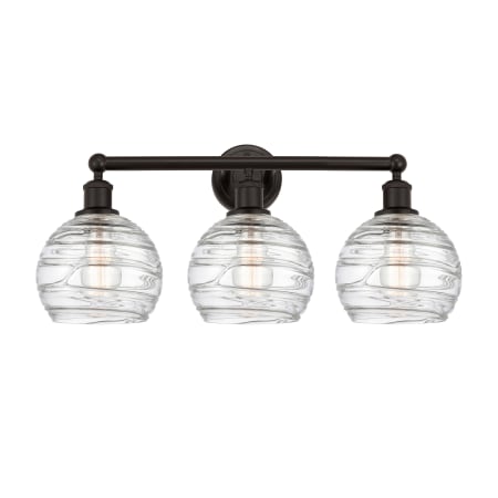 A large image of the Innovations Lighting 616-3W-13-26 Athens Vanity Oil Rubbed Bronze / Clear Deco Swirl