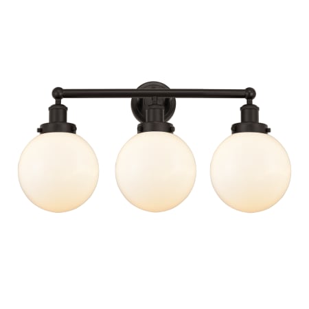 A large image of the Innovations Lighting 616-3W-10-25-L Beacon Vanity Oil Rubbed Bronze / Matte White