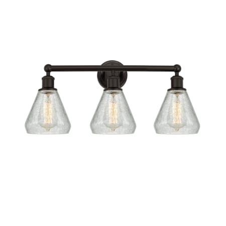 A large image of the Innovations Lighting 616-3W-13-24 Conesus Vanity Oil Rubbed Bronze / Clear Crackle