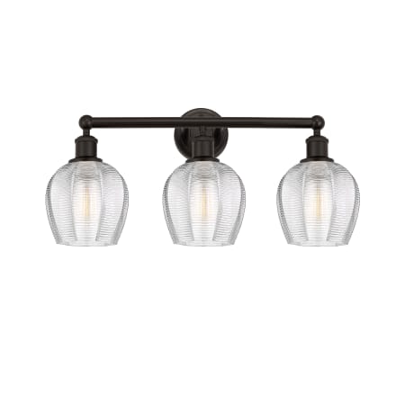 A large image of the Innovations Lighting 616-3W-11-24 Norfolk Vanity Oil Rubbed Bronze / Clear