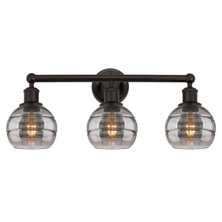 A large image of the Innovations Lighting 616-3W 10 24 Rochester Vanity Oil Rubbed Bronze / Light Smoke