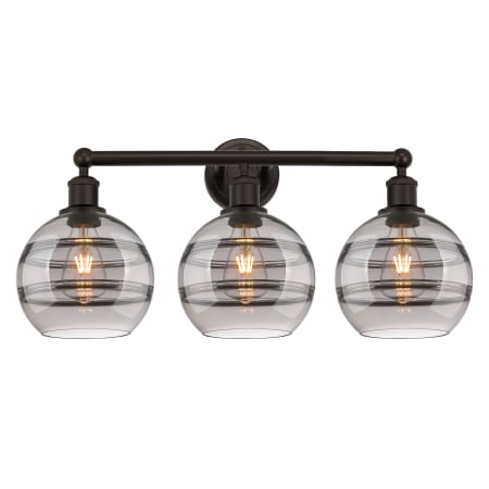 A large image of the Innovations Lighting 616-3W 12 26 Rochester Vanity Oil Rubbed Bronze / Light Smoke