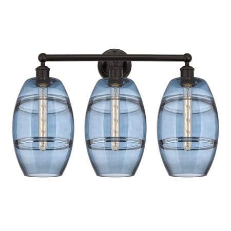 A large image of the Innovations Lighting 616-3W 12 26 Vaz Vanity Oil Rubbed Bronze / Princess Blue