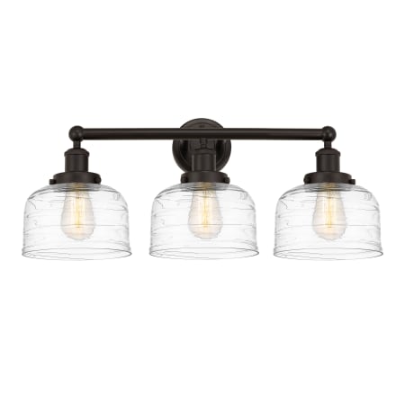 A large image of the Innovations Lighting 616-3W-10-25-L Bell Vanity Oil Rubbed Bronze / Clear Deco Swirl