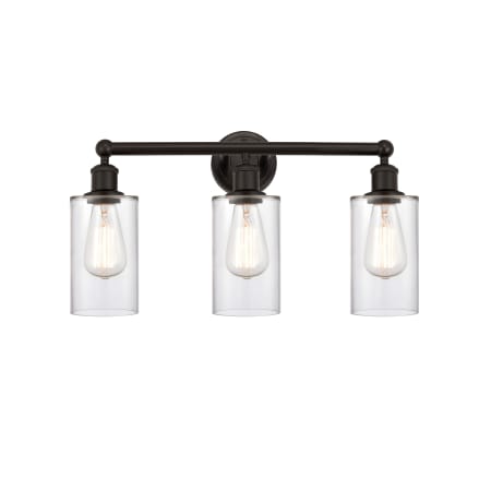A large image of the Innovations Lighting 616-3W-11-22 Clymer Vanity Oil Rubbed Bronze / Clear