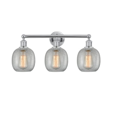 A large image of the Innovations Lighting 616-3W-12-24 Belfast Vanity Polished Chrome / Clear Crackle