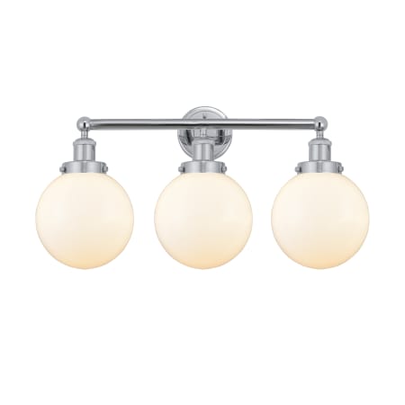 A large image of the Innovations Lighting 616-3W-10-25-L Beacon Vanity Polished Chrome / Matte White