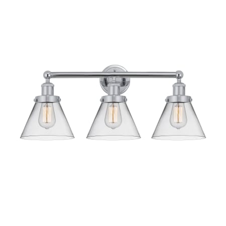 A large image of the Innovations Lighting 616-3W-12-26 Cone Vanity Polished Chrome / Clear