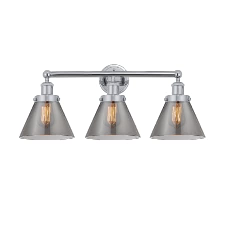 A large image of the Innovations Lighting 616-3W-12-26 Cone Vanity Polished Chrome / Plated Smoke