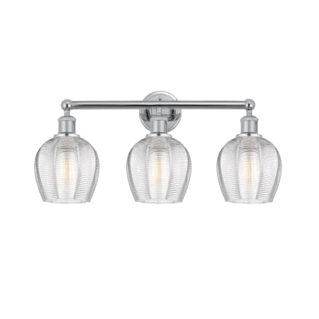 A large image of the Innovations Lighting 616-3W-11-24 Norfolk Vanity Polished Chrome / Clear