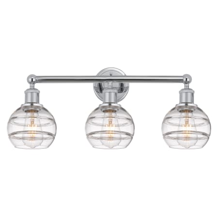 A large image of the Innovations Lighting 616-3W 10 24 Rochester Vanity Polished Chrome / Clear