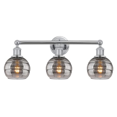 A large image of the Innovations Lighting 616-3W 10 24 Rochester Vanity Polished Chrome / Light Smoke