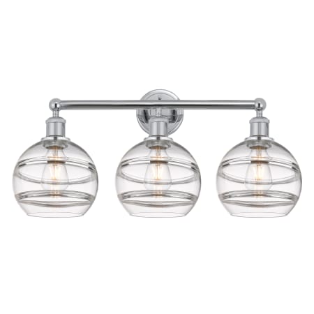 A large image of the Innovations Lighting 616-3W 12 26 Rochester Vanity Polished Chrome / Clear