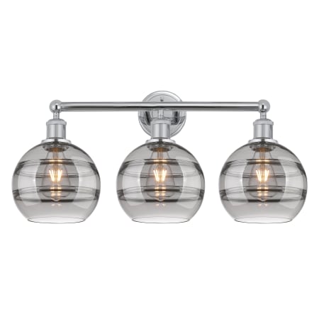 A large image of the Innovations Lighting 616-3W 12 26 Rochester Vanity Polished Chrome / Light Smoke