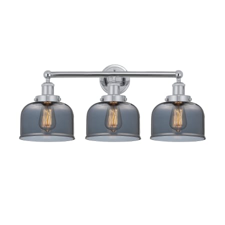 A large image of the Innovations Lighting 616-3W-10-25-L Bell Vanity Polished Chrome / Plated Smoke