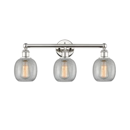 A large image of the Innovations Lighting 616-3W-12-24 Belfast Vanity Polished Nickel / Clear Crackle