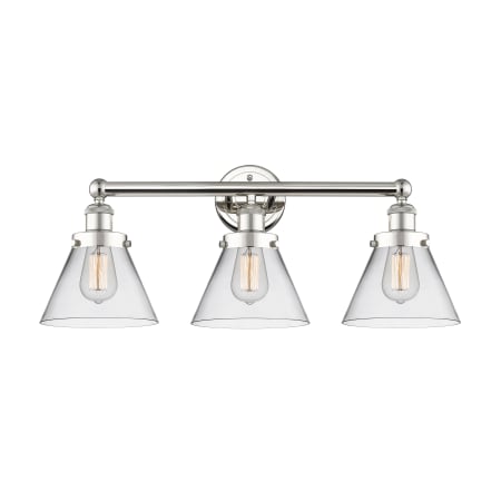 A large image of the Innovations Lighting 616-3W-12-26 Cone Vanity Polished Nickel / Clear