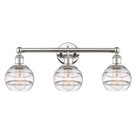 A large image of the Innovations Lighting 616-3W 10 24 Rochester Vanity Polished Nickel / Clear