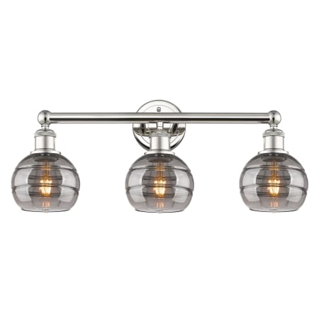 A large image of the Innovations Lighting 616-3W 10 24 Rochester Vanity Polished Nickel / Light Smoke