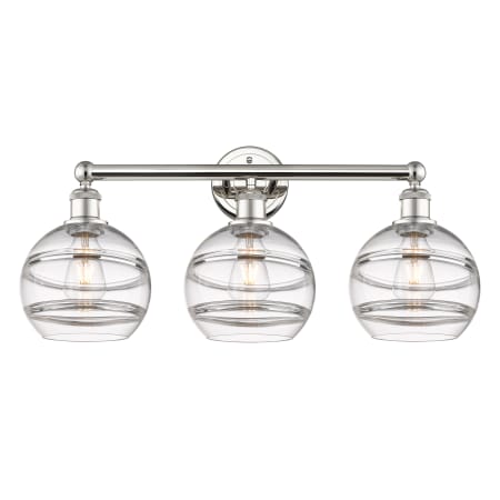 A large image of the Innovations Lighting 616-3W 12 26 Rochester Vanity Polished Nickel / Clear