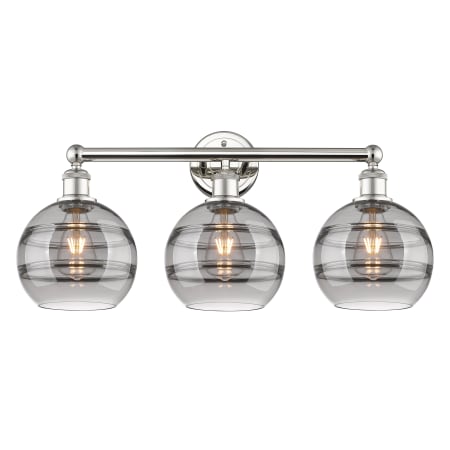 A large image of the Innovations Lighting 616-3W 12 26 Rochester Vanity Polished Nickel / Light Smoke