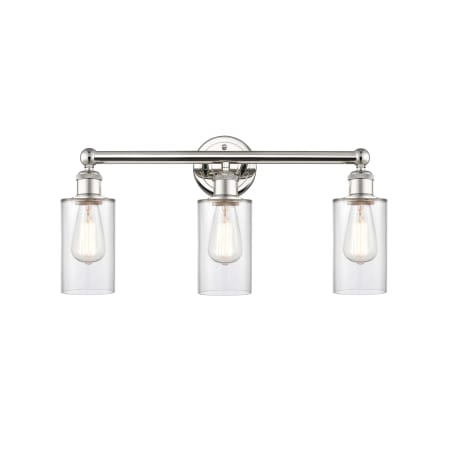 A large image of the Innovations Lighting 616-3W-12-22 Clymer Vanity Polished Nickel / Clear