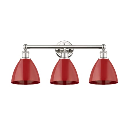 A large image of the Innovations Lighting 616-3W-12-26 Plymouth Dome Vanity Polished Nickel / Red