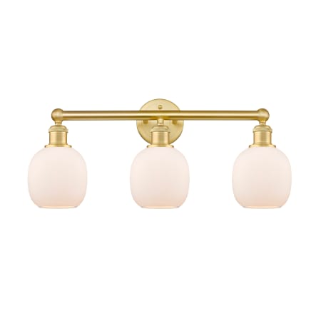 A large image of the Innovations Lighting 616-3W-12-24 Belfast Vanity Satin Gold / Matte White