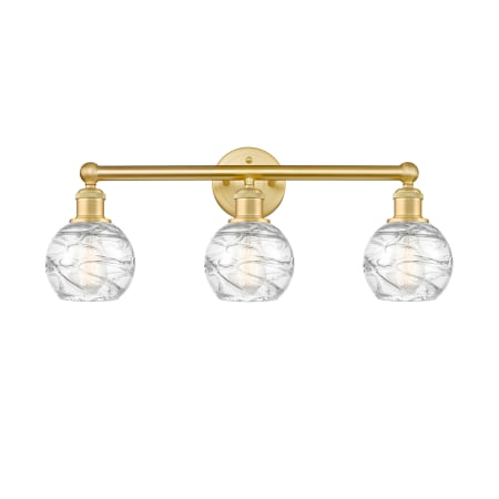 A large image of the Innovations Lighting 616-3W-11-24 Athens Vanity Satin Gold / Clear Deco Swirl