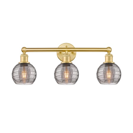 A large image of the Innovations Lighting 616-3W 10 24 Athens Deco Swirl Vanity Satin Gold / Light Smoke Deco Swirl