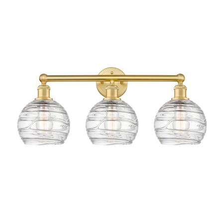 A large image of the Innovations Lighting 616-3W-13-26 Athens Vanity Satin Gold / Clear Deco Swirl