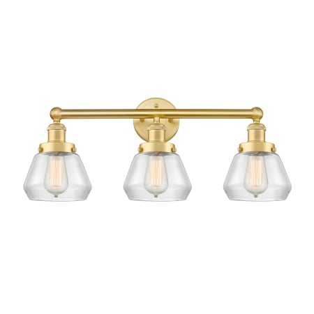 A large image of the Innovations Lighting 616-3W-10-25 Fulton Vanity Satin Gold / Clear