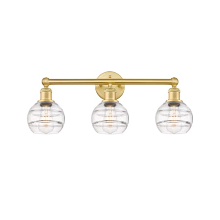 A large image of the Innovations Lighting 616-3W 10 24 Rochester Vanity Satin Gold / Clear