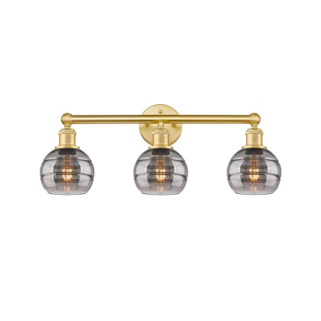 A large image of the Innovations Lighting 616-3W 10 24 Rochester Vanity Satin Gold / Light Smoke