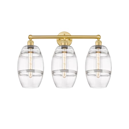 A large image of the Innovations Lighting 616-3W 12 26 Vaz Vanity Satin Gold / Clear