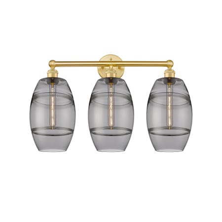 A large image of the Innovations Lighting 616-3W 12 26 Vaz Vanity Satin Gold / Light Smoke