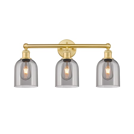 A large image of the Innovations Lighting 616-3W 12 24 Bella Vanity Satin Gold / Light Smoke