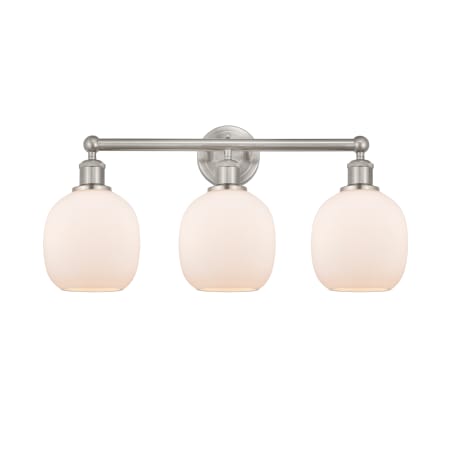 A large image of the Innovations Lighting 616-3W-12-24 Belfast Vanity Brushed Satin Nickel / Matte White