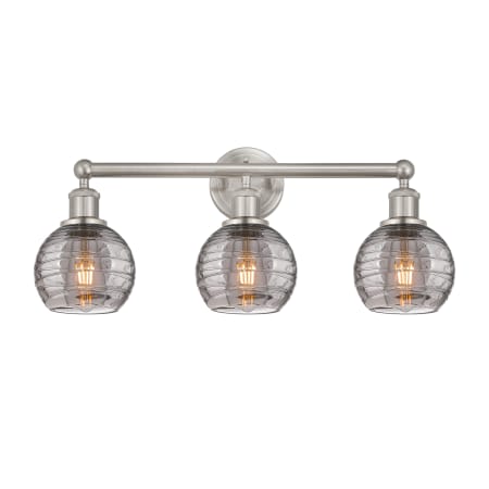 A large image of the Innovations Lighting 616-3W 10 24 Athens Deco Swirl Vanity Brushed Satin Nickel / Light Smoke Deco Swirl