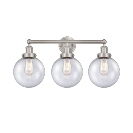 A large image of the Innovations Lighting 616-3W-10-25-L Beacon Vanity Brushed Satin Nickel / Seedy