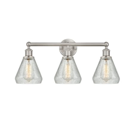 A large image of the Innovations Lighting 616-3W-13-24 Conesus Vanity Brushed Satin Nickel / Clear Crackle