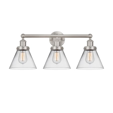 A large image of the Innovations Lighting 616-3W-12-26 Cone Vanity Brushed Satin Nickel / Clear