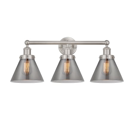 A large image of the Innovations Lighting 616-3W-12-26 Cone Vanity Brushed Satin Nickel / Plated Smoke