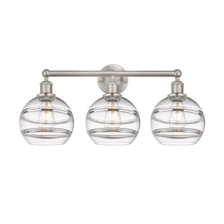 A large image of the Innovations Lighting 616-3W 12 26 Rochester Vanity Satin Nickel / Clear