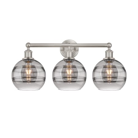 A large image of the Innovations Lighting 616-3W 12 26 Rochester Vanity Satin Nickel / Light Smoke