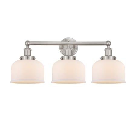 A large image of the Innovations Lighting 616-3W-10-25-L Bell Vanity Brushed Satin Nickel / Matte White