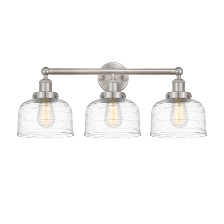 A large image of the Innovations Lighting 616-3W-10-25-L Bell Vanity Brushed Satin Nickel / Clear Deco Swirl