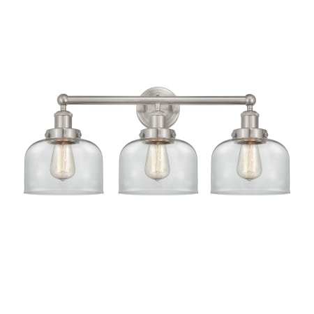 A large image of the Innovations Lighting 616-3W-10-25-L Bell Vanity Brushed Satin Nickel / Clear